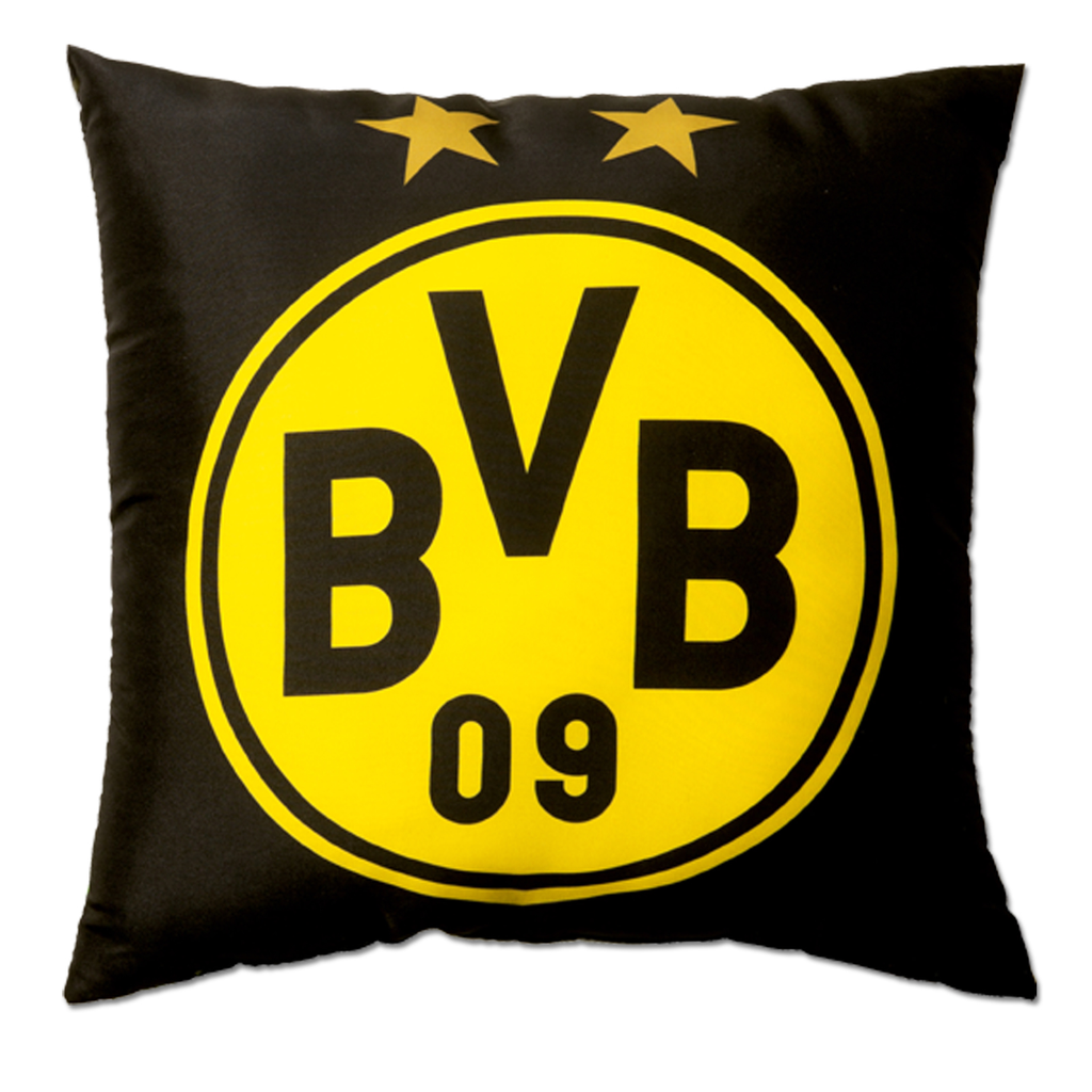 Decorative pillow in black and yellow with a large BVB logo and two stars. Perfect for Borussia Dortmund fans and for sprucing up any living space.