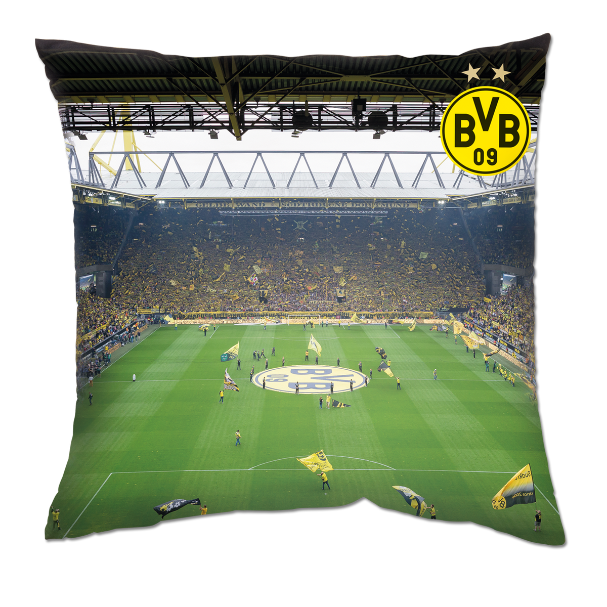 Dieses BVB-Kissen zeigt die Südtribüne des SIGNAL IDUNA PARK voller Fans und schwarzer sowie gelber Fahnen, perfekt für Fans von Borussia Dortmund.