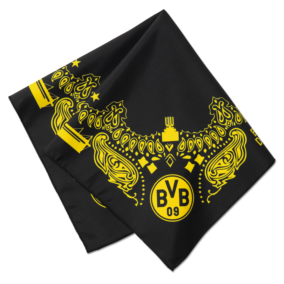 Stilvolles schwarzgelbes BVB-Halstuch mit Paisley-Design und zentralem BVB-Logo, ideal als Fan-Accessoire.