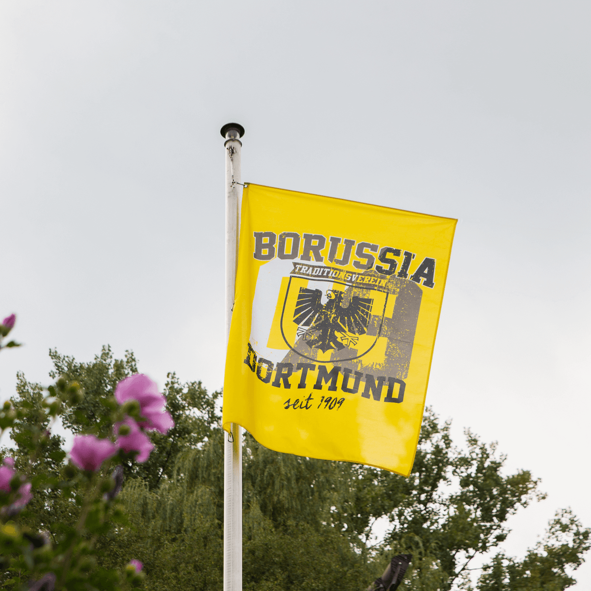 Drapeau noir et jaune du BVB, orné des armoiries de la ville et de l'inscription « Borussia Dortmund », dimensions : 150 x 100 cm, flottant au vent sur un mât devant un fond naturel.