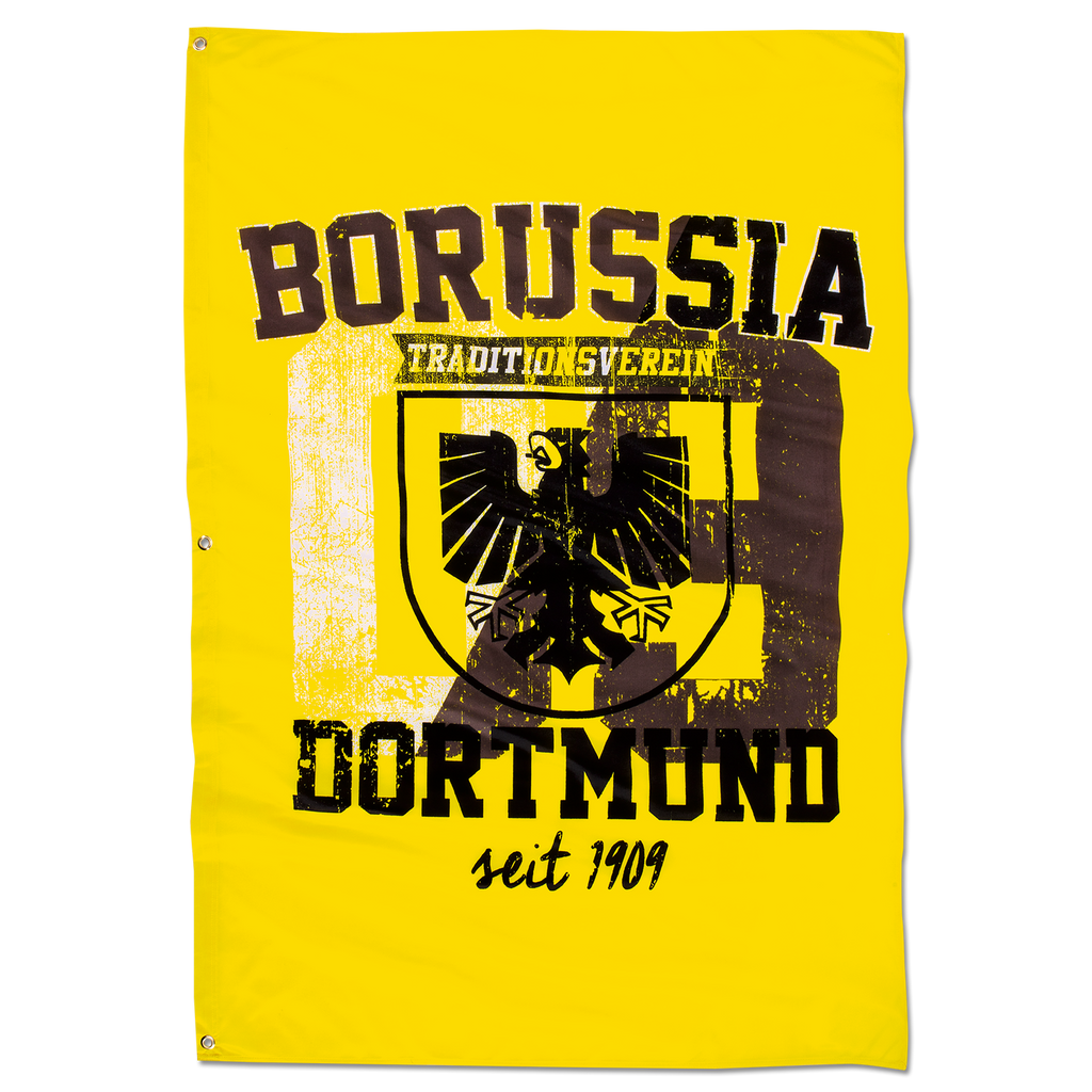 Drapeau noir et jaune du BVB arborant le blason de la ville de Dortmund, les inscriptions « Borussia Dortmund » et « depuis 1909 », dimensions : 150 x 100 cm.