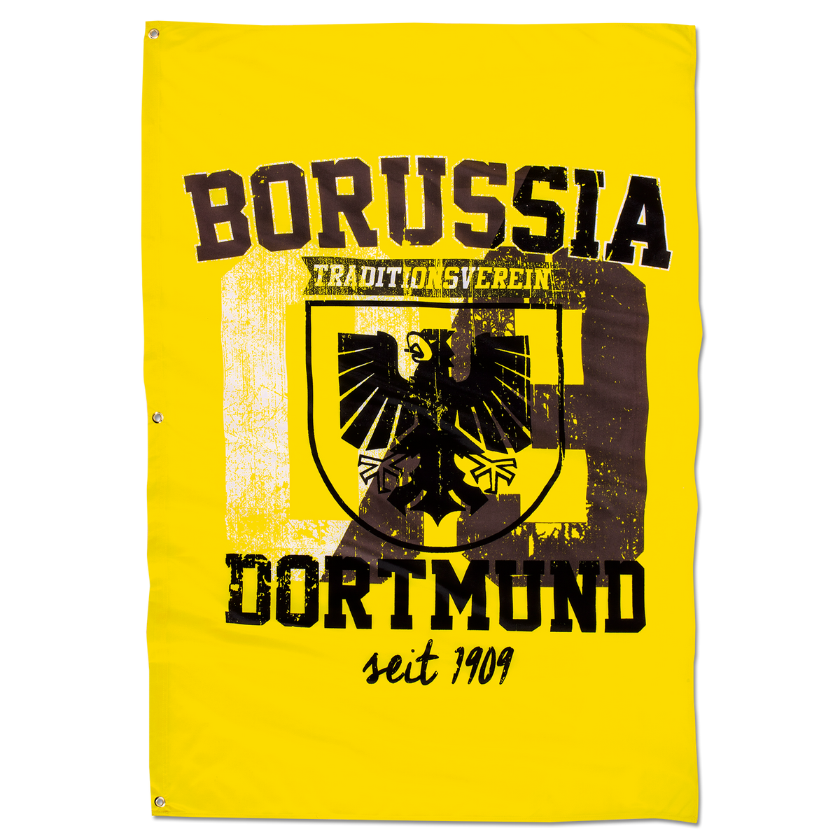 Schwarzgelbe BVB-Flagge mit dem Stadtschild von Dortmund, der Aufschrift 'Borussia Dortmund' und 'seit 1909', Größe 150 x 100 cm.