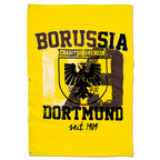 Black-and-yellow BVB flag featuring the Dortmund city crest, the words "Borussia Dortmund," and "since 1909"; size: 150 x 100 cm.
