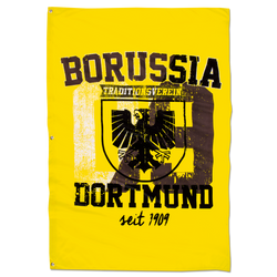 Bandera del BVB en negro y amarillo con el escudo de la ciudad de Dortmund, la inscripción «Borussia Dortmund» y «desde 1909», de 150 x 100 cm.