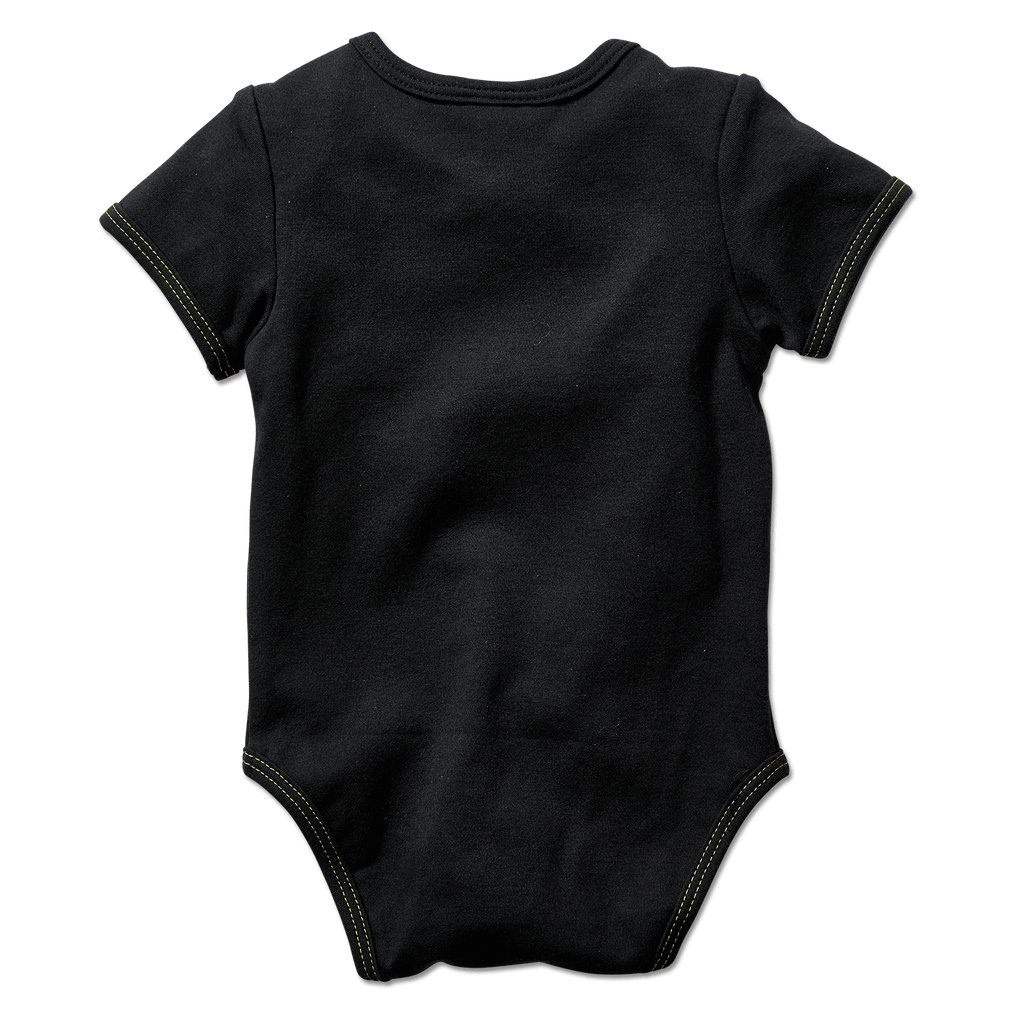 Rear view of a black-and-yellow Borussia Dortmund baby bodysuit with yellow stitching for little BVB fans.