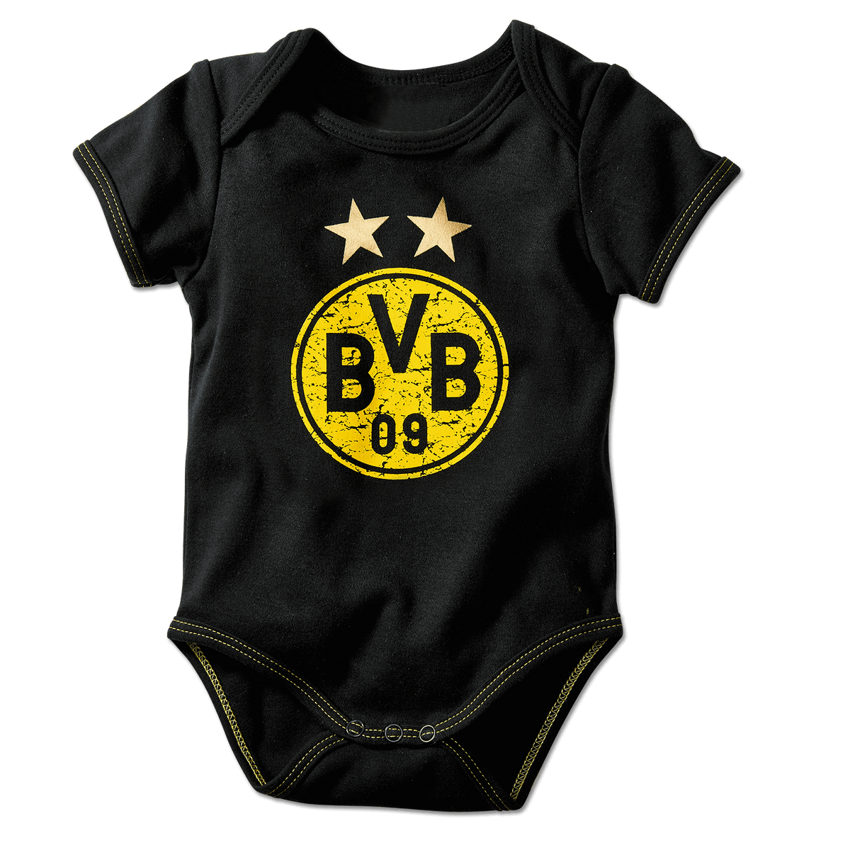 Body negro para bebé del Borussia Dortmund con el escudo amarillo del BVB y dos estrellas en la parte delantera, ideal para los pequeños aficionados.