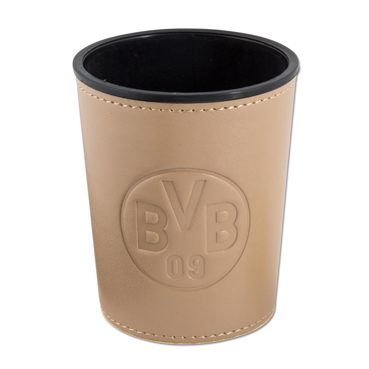 Gobelet cubique beige aspect cuir avec le logo BVB 09 gravé, idéal pour les supporters du Borussia Dortmund et les jeux de société.