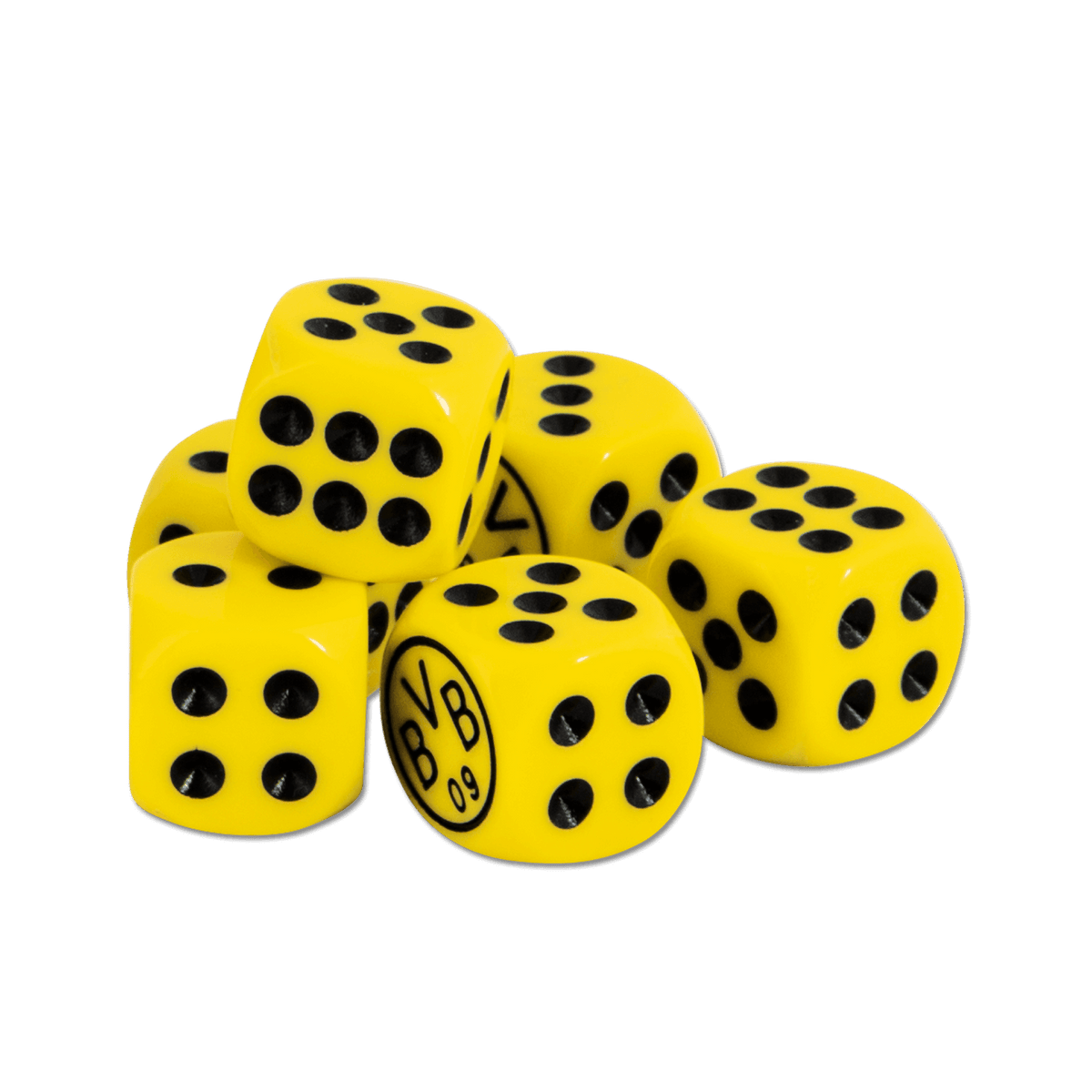Dados negros y amarillos con el logotipo del BVB, ideales como artículos para aficionados del Borussia Dortmund o para juegos de mesa.