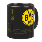Tasse noire du BVB avec le logo jaune du Borussia Dortmund et une silhouette de la ville dessinée, comprenant le SIGNAL IDUNA PARK et les sites touristiques.