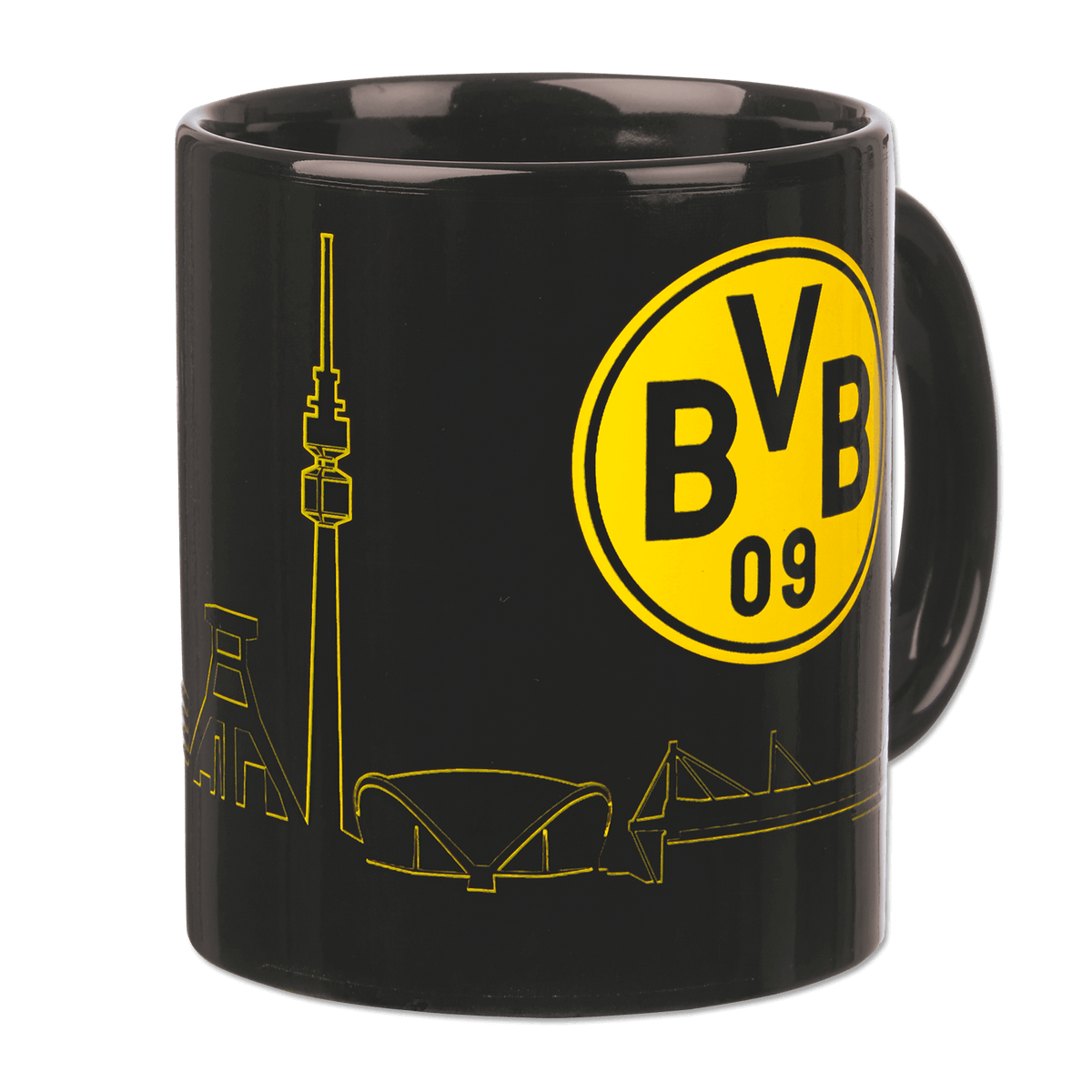 Tasse noire du BVB avec le logo jaune du Borussia Dortmund et une silhouette de la ville dessinée, comprenant le SIGNAL IDUNA PARK et les sites touristiques.
