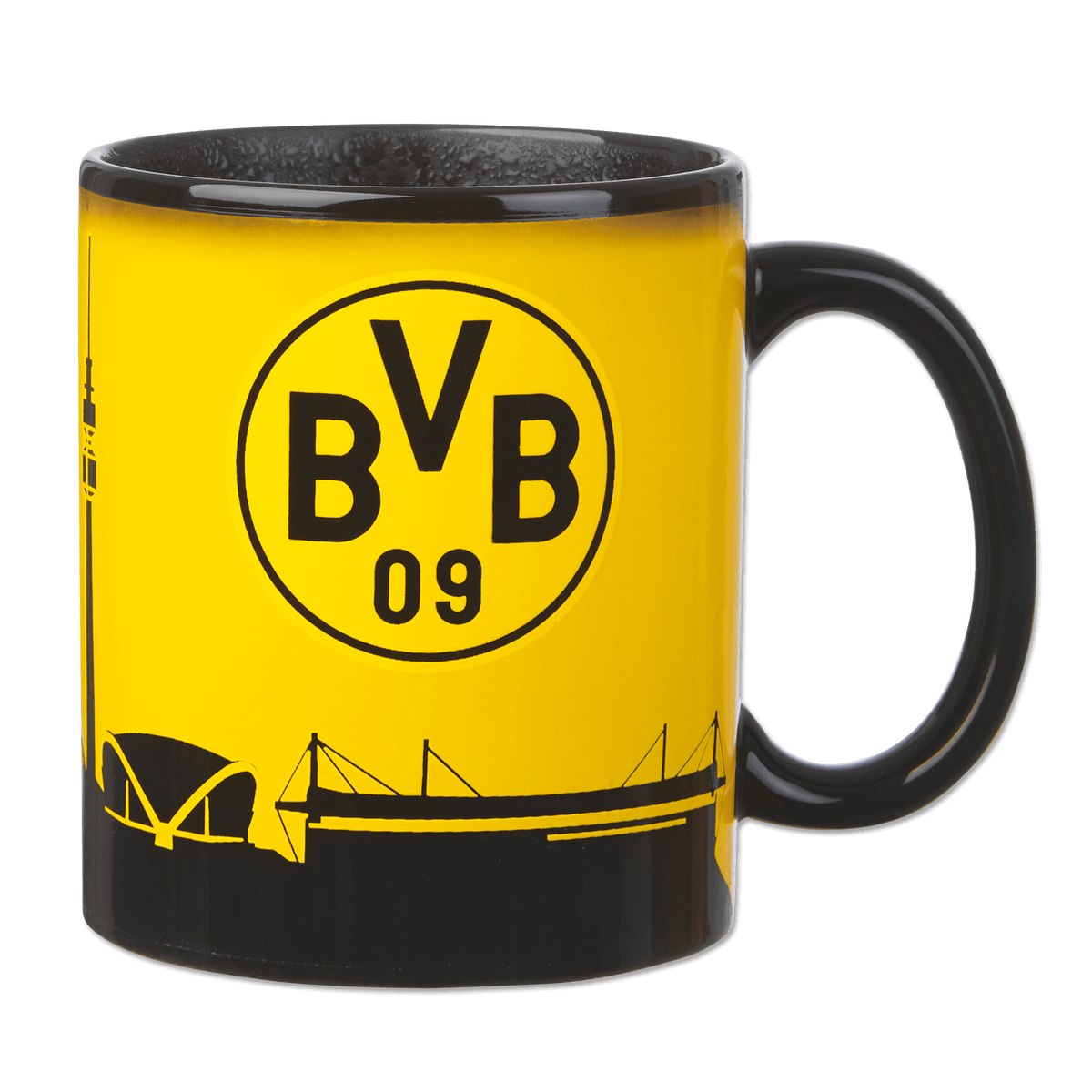 Tasse « BVB Magic » noire et jaune, ornée du logo du Borussia Dortmund et d'un motif représentant la ligne d'horizon de la ville, un accessoire incontournable pour les fans de football.