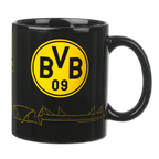 Tasse « Magic Mug » noire du Borussia Dortmund, avec le logo jaune du BVB et la silhouette stylisée du SIGNAL IDUNA PARK.