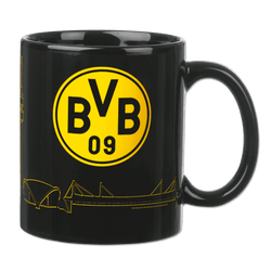 Taza «Magic Mug» negra del Borussia Dortmund con el logotipo amarillo del BVB y el perfil estilizado del SIGNAL IDUNA PARK.