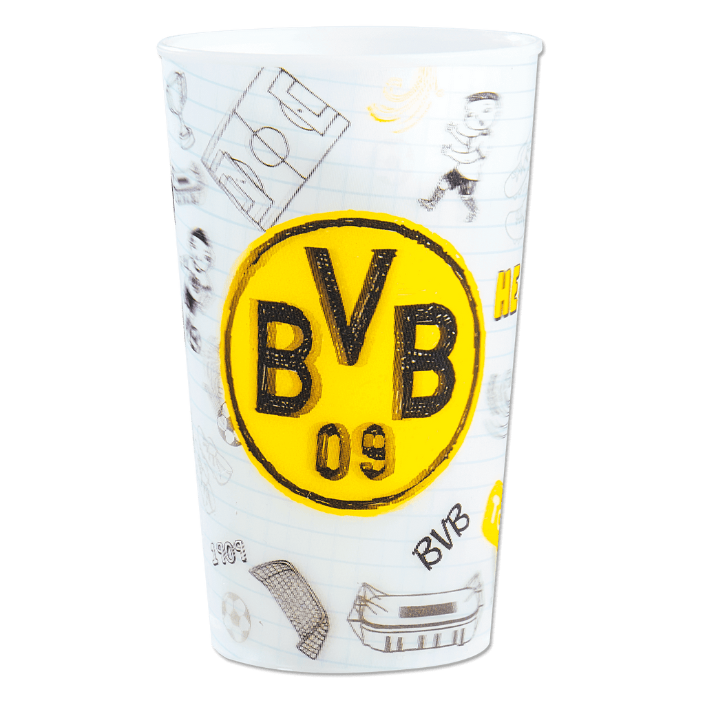 BVB-Glas mit großem schwarzgelben BVB-Logo, illustrierten Fußball-Motiven und Stadion-Design, ein perfektes Fanartikel für Borussia Dortmund Fans.