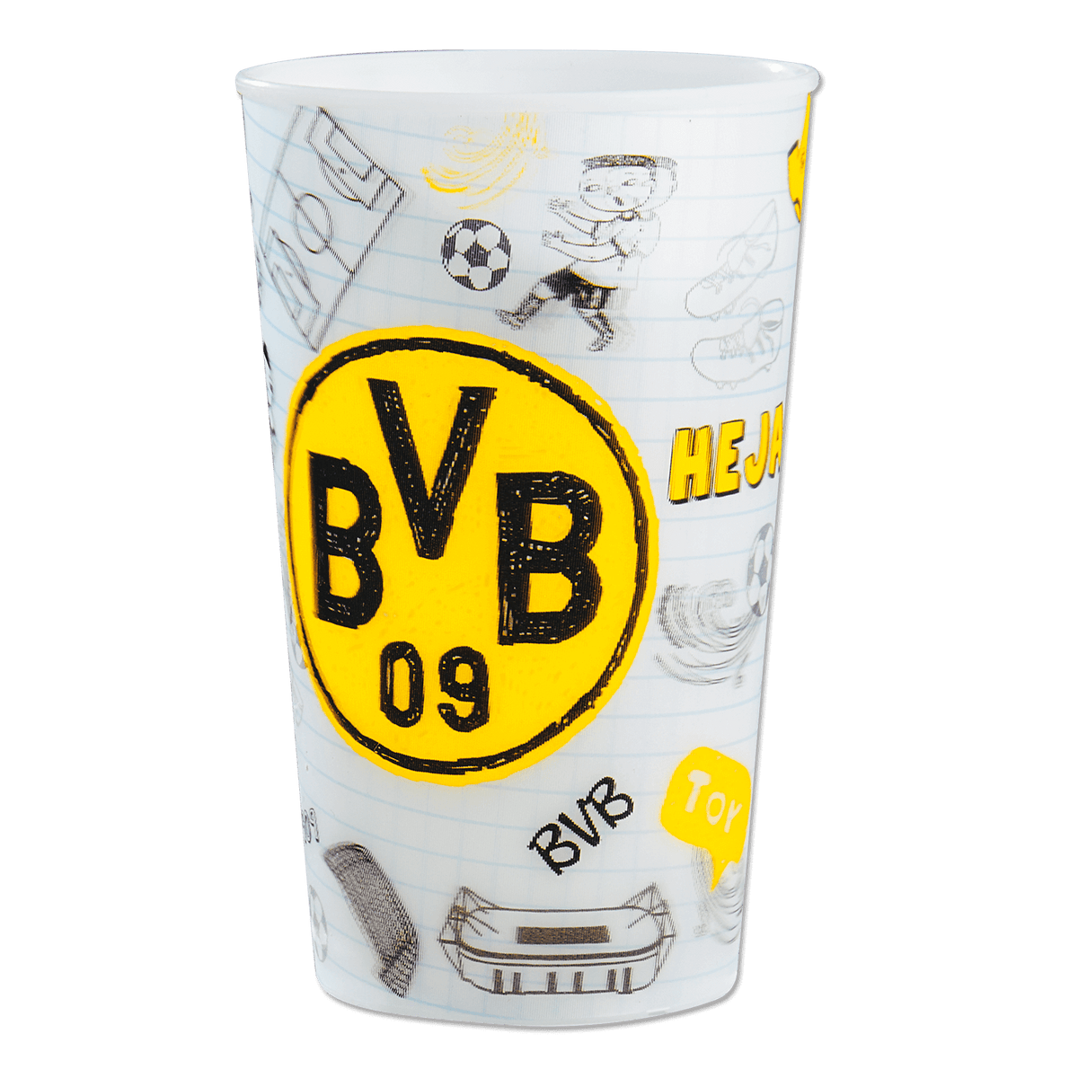 这款白色多特蒙德（BVB）马克杯印有黑黄相间的BVB队徽和装饰性足球图案，是多特蒙德球迷的理想之选。