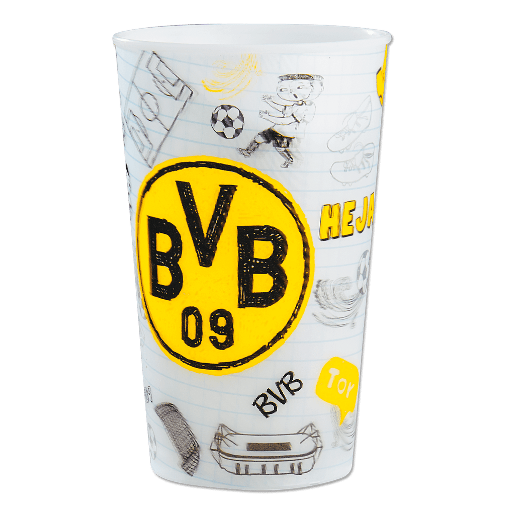 Weißer BVB-Becher mit schwarzgelbem BVB-Logo und dekorativen Fußball-Motiven, perfekt für Fans von Borussia Dortmund.