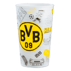 Weißer BVB-Becher mit schwarzgelbem BVB-Logo und dekorativen Fußball-Motiven, perfekt für Fans von Borussia Dortmund.