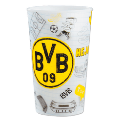 Taza blanca del BVB con el logotipo negro y amarillo del BVB y motivos decorativos relacionados con el fútbol, perfecta para los aficionados del Borussia Dortmund.