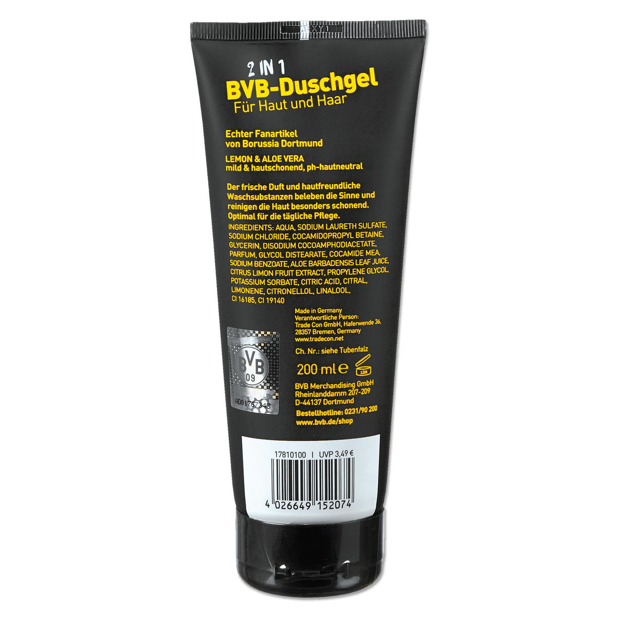 Black BVB 2-in-1 Shower Gel for Skin and Hair, with yellow lettering, officially licensed Borussia Dortmund fan merchandise, 200 ml.