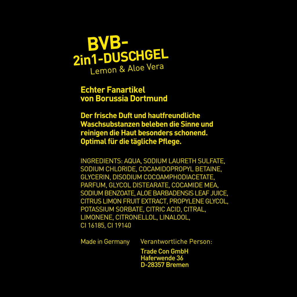 Gel doccia 2in1 del BVB con una fragranza rinfrescante al limone e all'aloe vera, che nutre la pelle. Articolo ufficiale del Borussia Dortmund, ideale per la cura quotidiana.