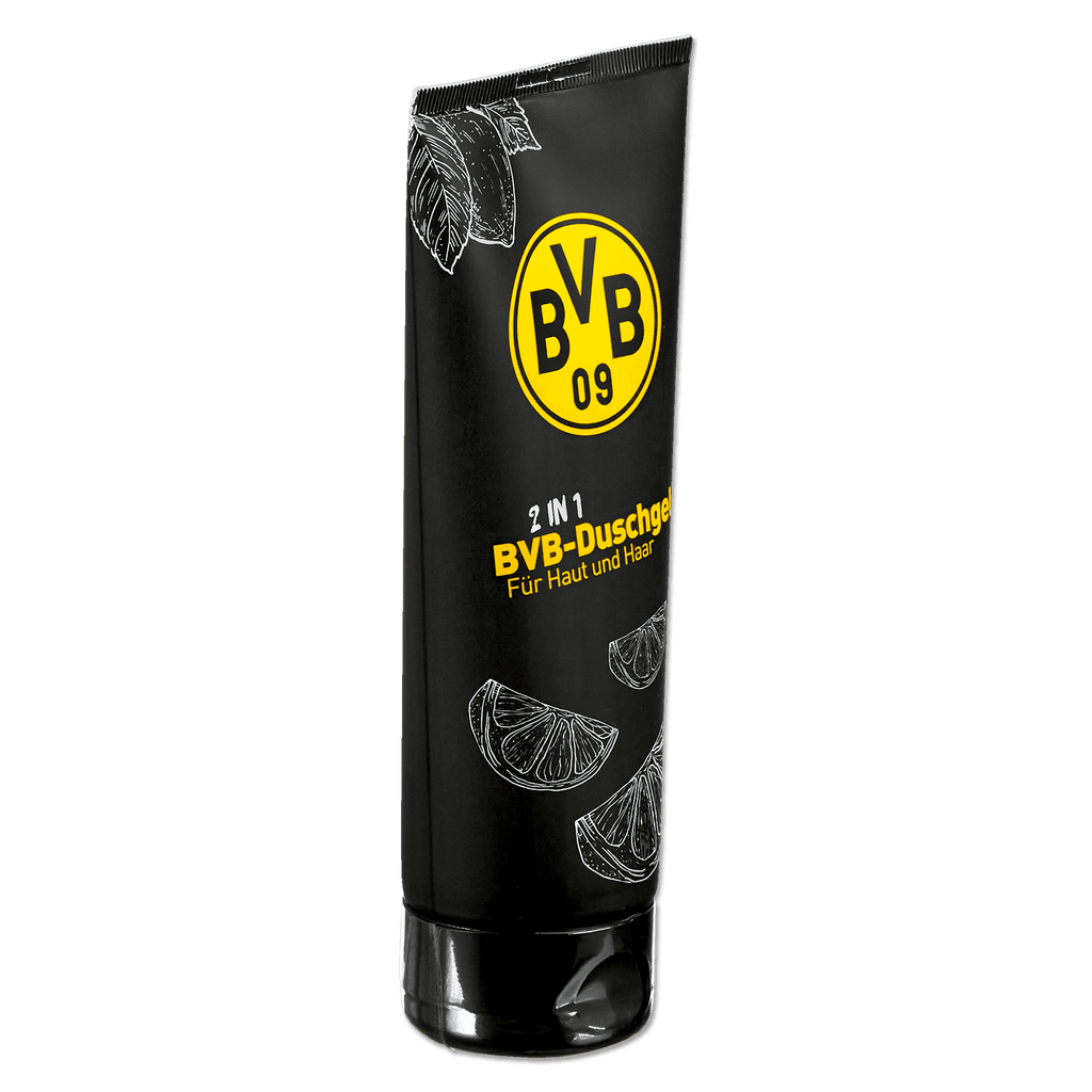Gel doccia 2 in 1 nero del BVB per pelle e capelli, in un'elegante confezione nera e gialla con il logo del BVB e un motivo a limoni.