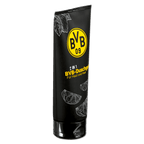 Gel doccia 2 in 1 nero del BVB per pelle e capelli, in un'elegante confezione nera e gialla con il logo del BVB e un motivo a limoni.