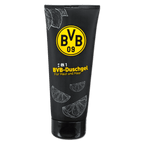 Gel doccia 2 in 1 BVB nero e giallo per pelle e capelli con motivo agli agrumi, articolo per tifosi del Borussia Dortmund.
