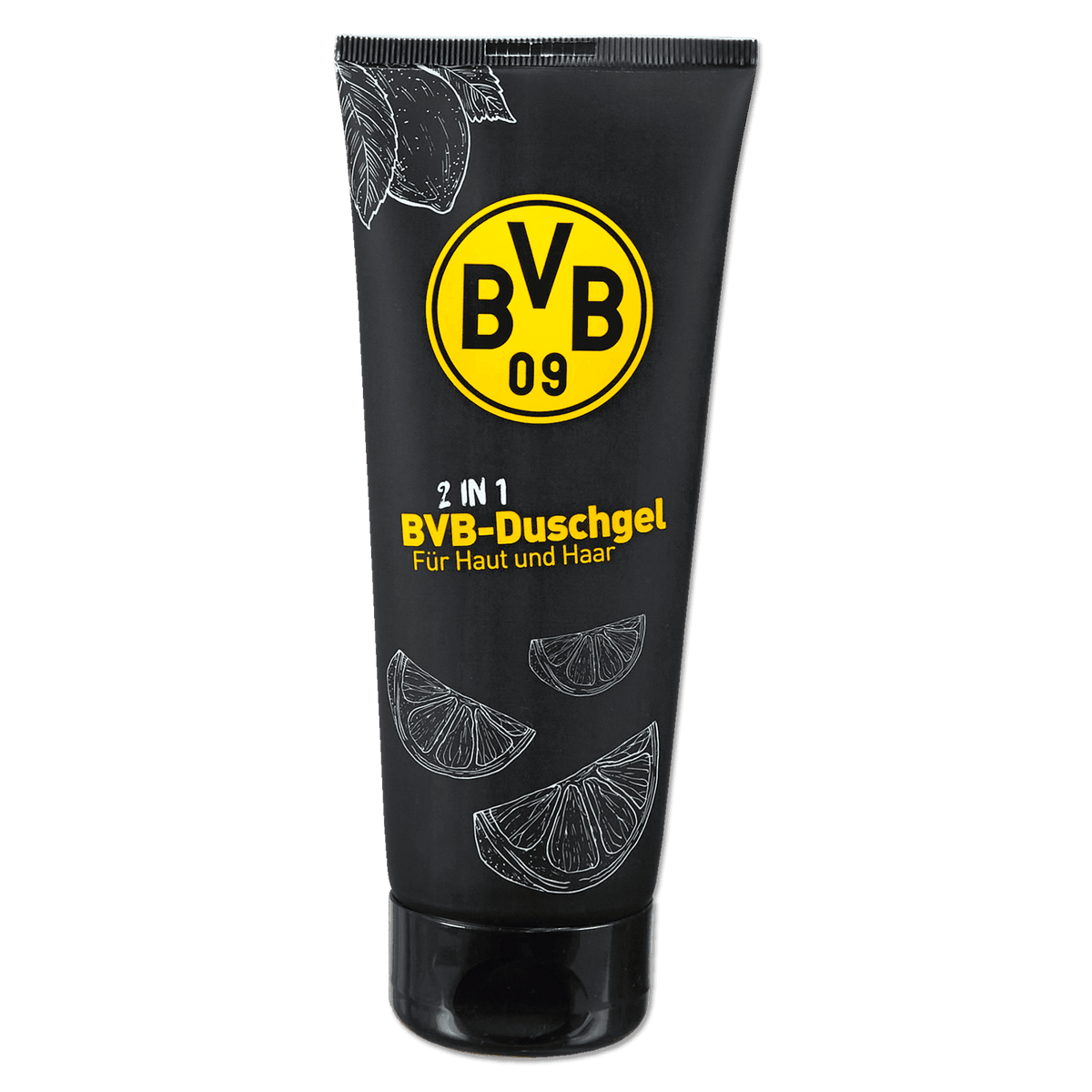 Black-and-Yellow BVB 2-in-1 Shower Gel for Skin and Hair with a Citrus Design, Borussia Dortmund fan merchandise.