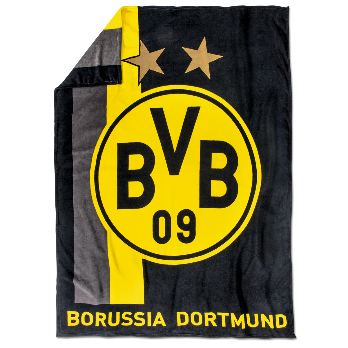 Hochwertige BVB Fleece-Decke in schwarzgelbem Design mit großem Borussia Dortmund Logo, zwei Sternen und Schriftzug.