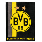 Coperta in pile BVB di alta qualità nei colori nero e giallo, con un grande logo del Borussia Dortmund, due stelle e un motivo a strisce verticali, perfetta per i tifosi a casa o allo stadio.