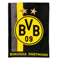 Hochwertige BVB-Fleece-Decke in schwarzgelb mit großem Borussia Dortmund Logo, zwei Sternen und vertikalem Streifenmuster, perfekt für Fans zu Hause oder im Stadion.