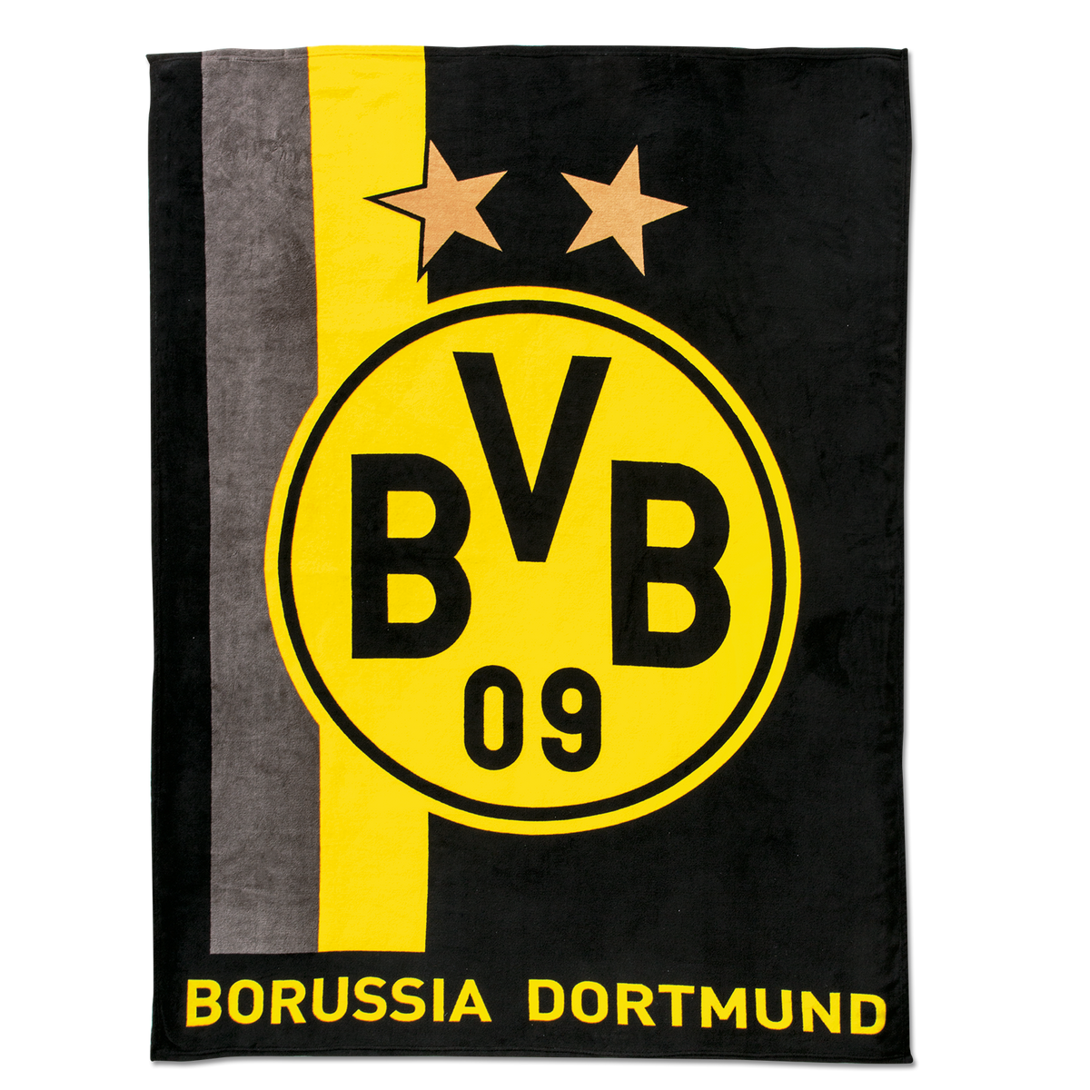 Hochwertige BVB-Fleece-Decke in schwarzgelb mit großem Borussia Dortmund Logo, zwei Sternen und vertikalem Streifenmuster, perfekt für Fans zu Hause oder im Stadion.