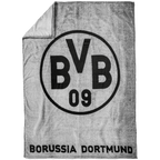 Gray Borussia Dortmund fleece blanket with a large BVB 09 logo and "Borussia Dortmund" lettering along the bottom edge—perfect for any BVB fan.