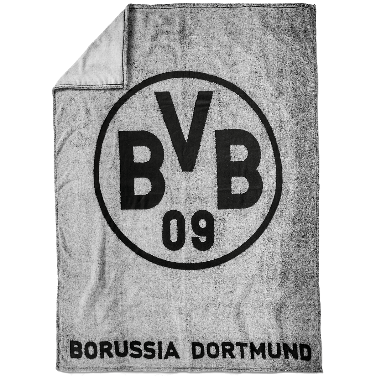 Couverture polaire grise du Borussia Dortmund, ornée d'un grand logo BVB 09 et de l'inscription « Borussia Dortmund » sur le bord inférieur, idéale pour tous les supporters du BVB.