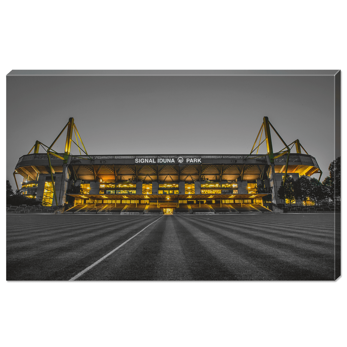 Stampa artistica con vista frontale del SIGNAL IDUNA PARK illuminato con luci nere e gialle, motivo molto apprezzato dai tifosi del Borussia Dortmund.