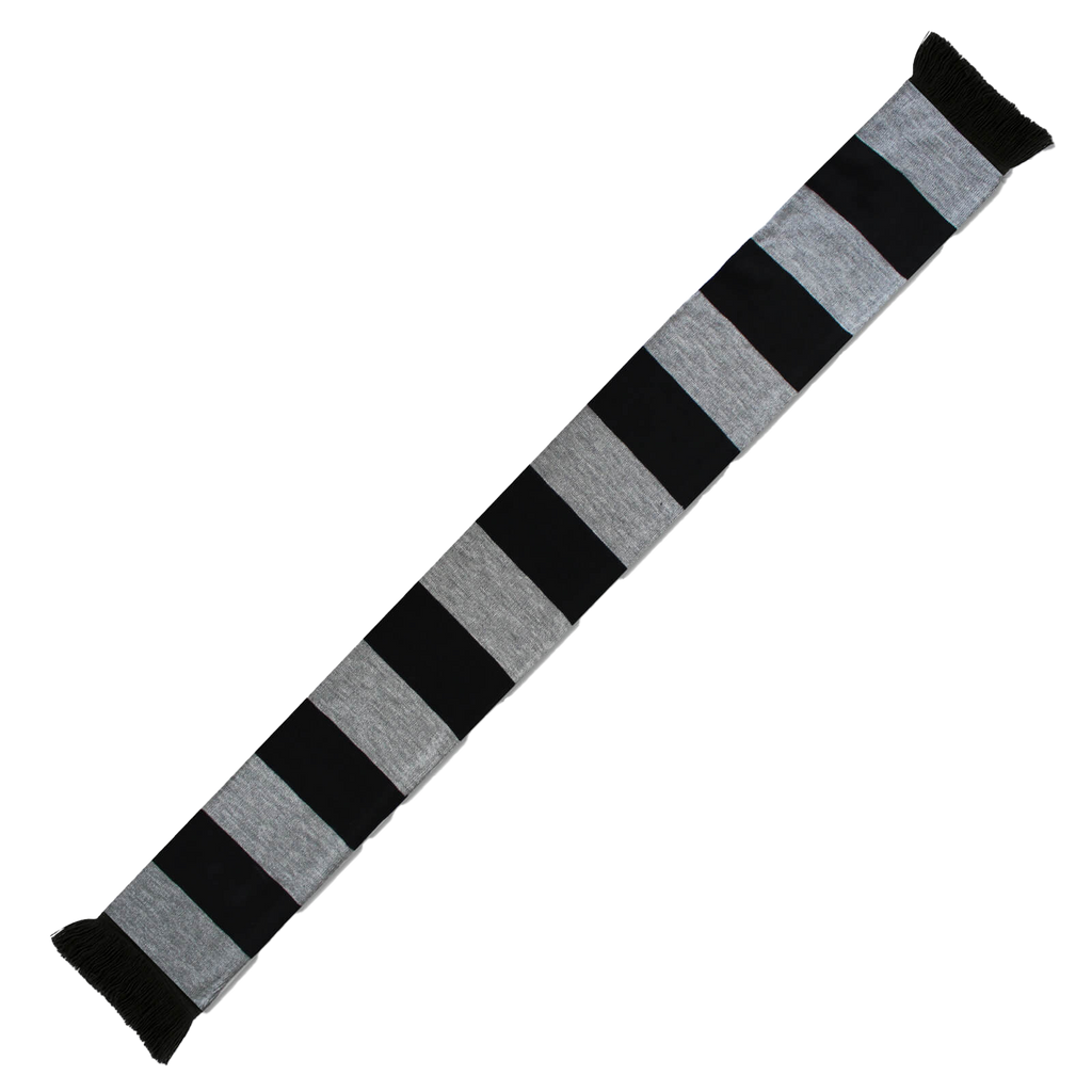 BVB scarf with black-and-gray block stripes. A stylish accessory for Borussia Dortmund fans.