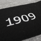 Black-and-gray striped BVB scarf with the year "1909" embroidered in white—the perfect accessory for Borussia Dortmund fans.