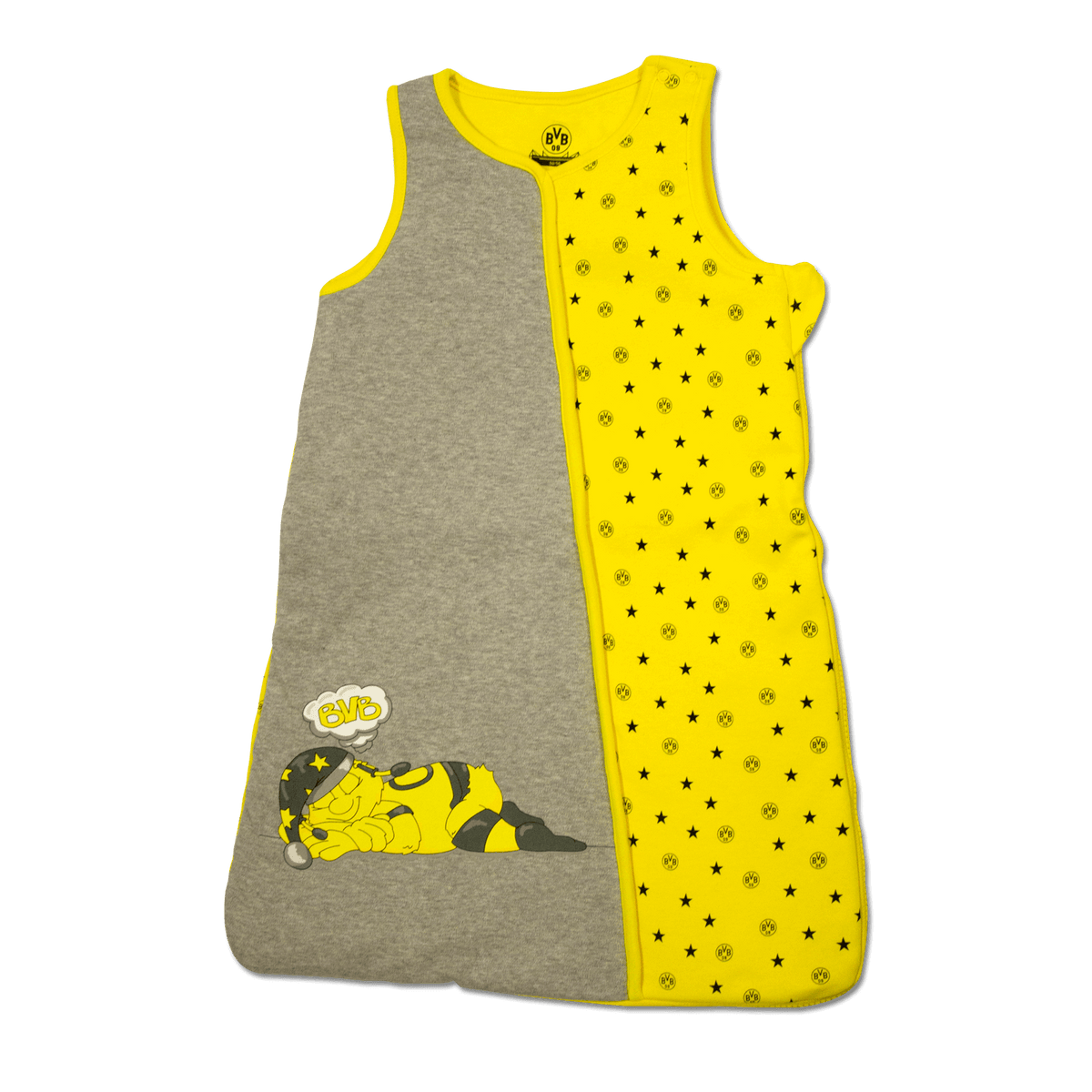 Schlafsack für Babys in grau und schwarzgelber Farbgebung mit Sternenmuster und EMMA-Motiv, ideal für kleine BVB-Fans.