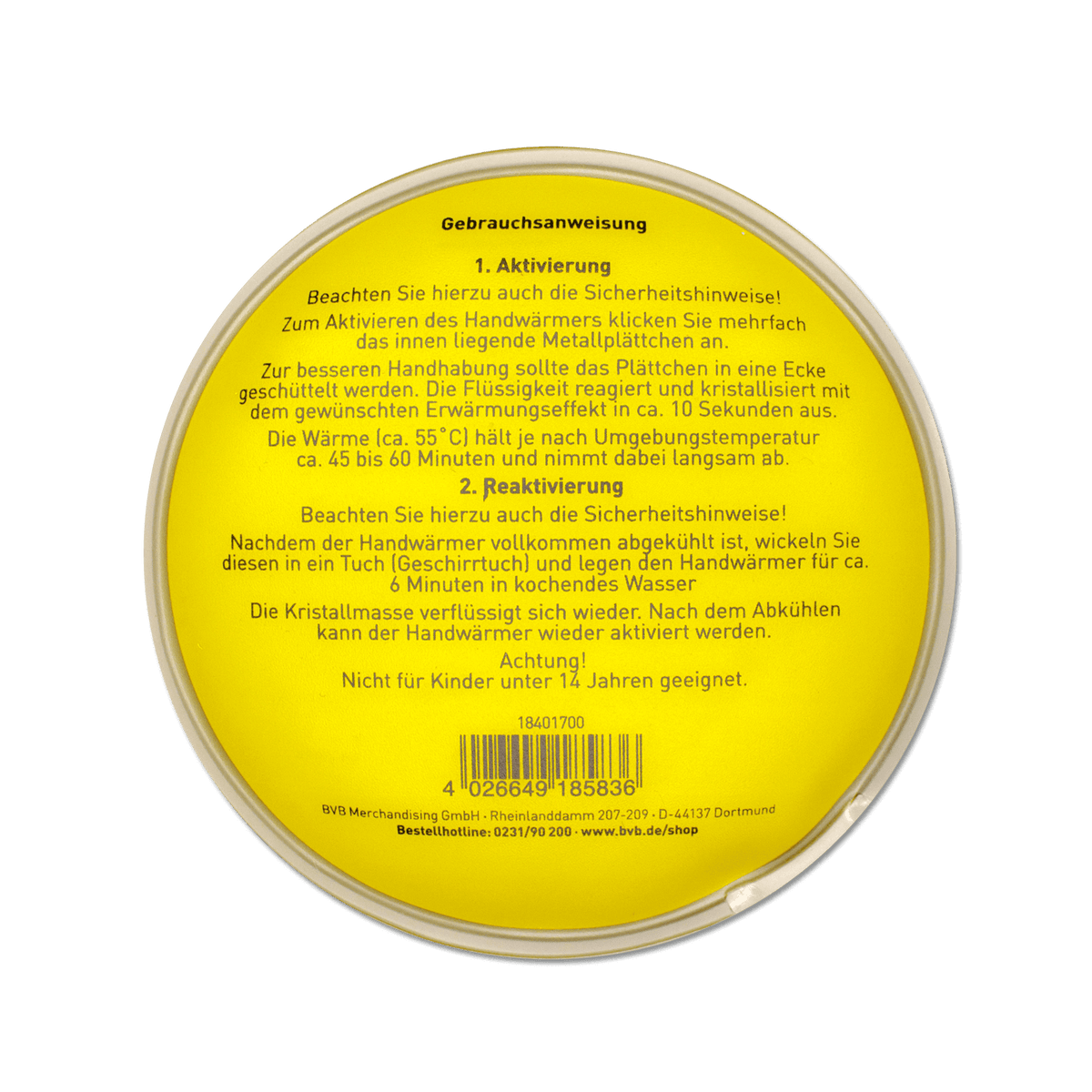 BVB Handwärmer in Gelb mit Borussia Dortmund-Logo, runde Form, praktisches Winteraccessoire mit detaillierter Gebrauchsanweisung auf der Rückseite.
