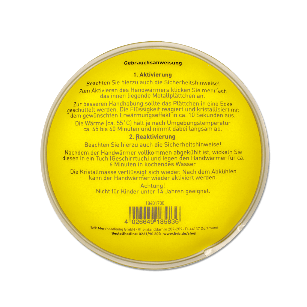 Calentadores de manos del BVB en color amarillo con el logotipo del Borussia Dortmund, de forma redonda, un práctico accesorio de invierno con instrucciones de uso detalladas en la parte trasera.