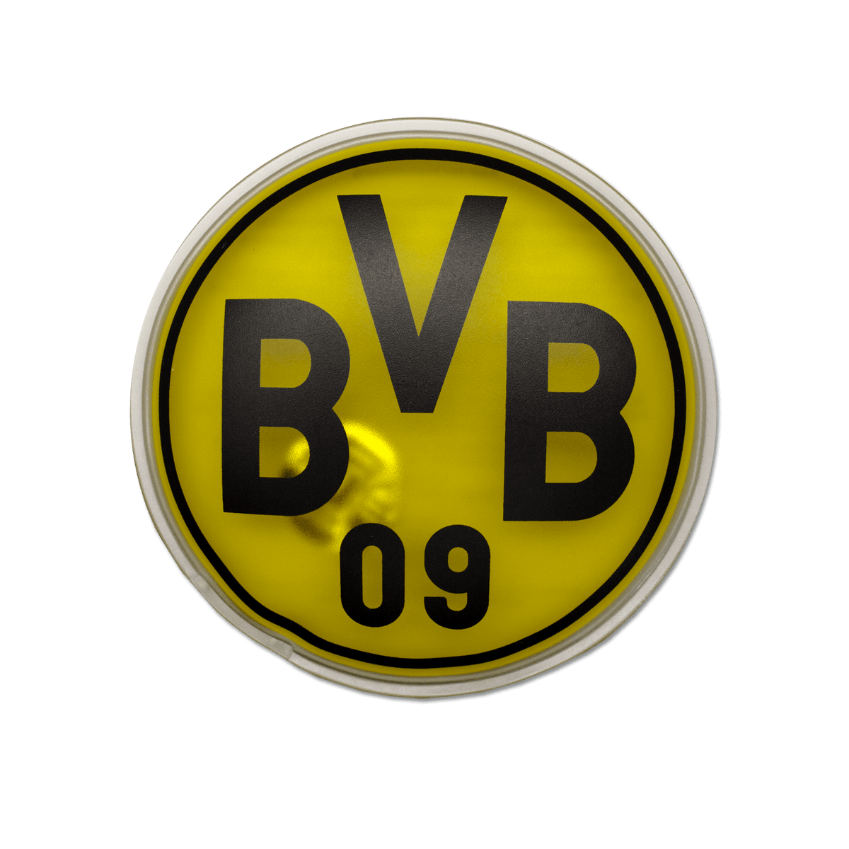 Un calentador de manos con la forma del logotipo del BVB y un llamativo diseño en negro y amarillo, ideal para los días fríos.