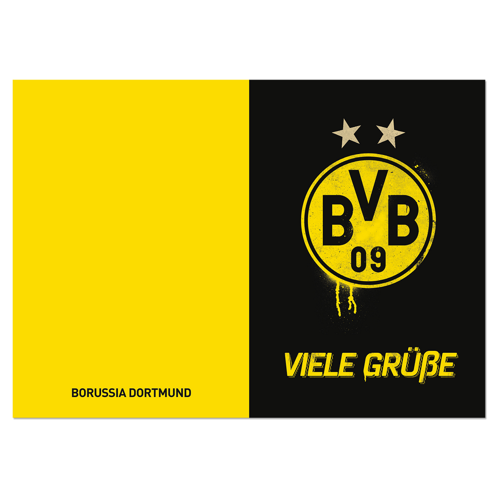 Une carte de vœux du BVB aux couleurs noir et jaune, arborant le logo du BVB, deux étoiles et l'inscription « VIELE GRÜSSE » dans le style du Borussia Dortmund.