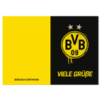 Une carte de vœux du BVB aux couleurs noir et jaune, arborant le logo du BVB, deux étoiles et l'inscription « VIELE GRÜSSE » dans le style du Borussia Dortmund.