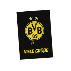 BVB 09のロゴが入った黒と黄色のBVBグリーティングカード。黒い背景に黄色の文字で「Viele Grüße」と書かれています。