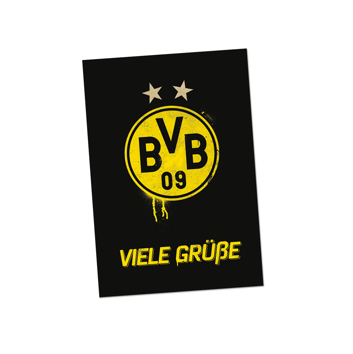 Schwarzgelbe BVB-Grußkarte mit dem BVB 09 Logo und der Aufschrift 'Viele Grüße' in gelber Schrift auf schwarzem Hintergrund.