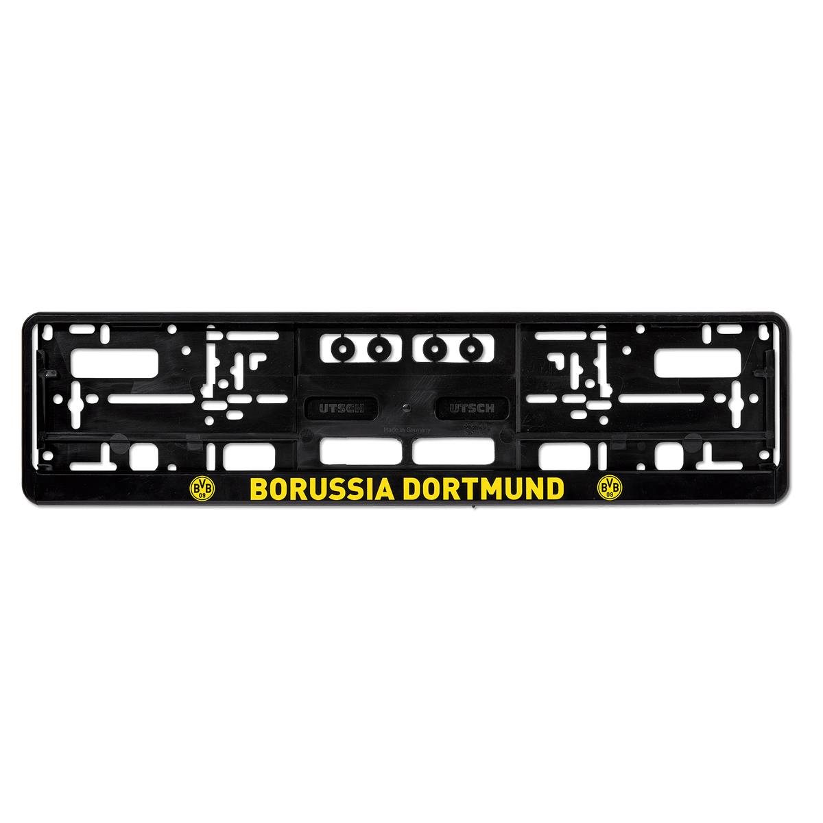 Black BVB license plate holder with yellow "Borussia Dortmund" lettering and the BVB emblem, ideal for fans and car enthusiasts.