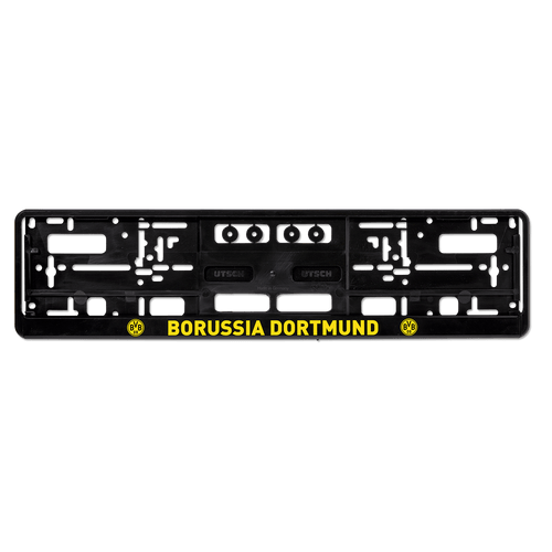 Portamatricula negro del BVB con la inscripción «Borussia Dortmund» en amarillo y el escudo del BVB, ideal para aficionados y amantes de los coches.