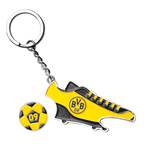 ボルシア・ドルトムントのキーホルダー。黒と黄色のサッカーシューズをモチーフにしており、BVBのロゴ、ショッピングカート用トークン、栓抜きが一体となっています。
