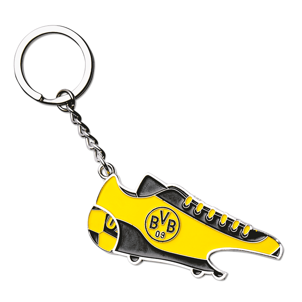 Porte-clés en forme de chaussure de football noire et jaune, orné du logo du BVB, comprenant un jeton de caddie et un décapsuleur, idéal pour les supporters du Borussia Dortmund.
