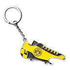 Porte-clés en forme de chaussure de football noire et jaune, orné du logo du BVB, comprenant un jeton de caddie et un décapsuleur, idéal pour les supporters du Borussia Dortmund.